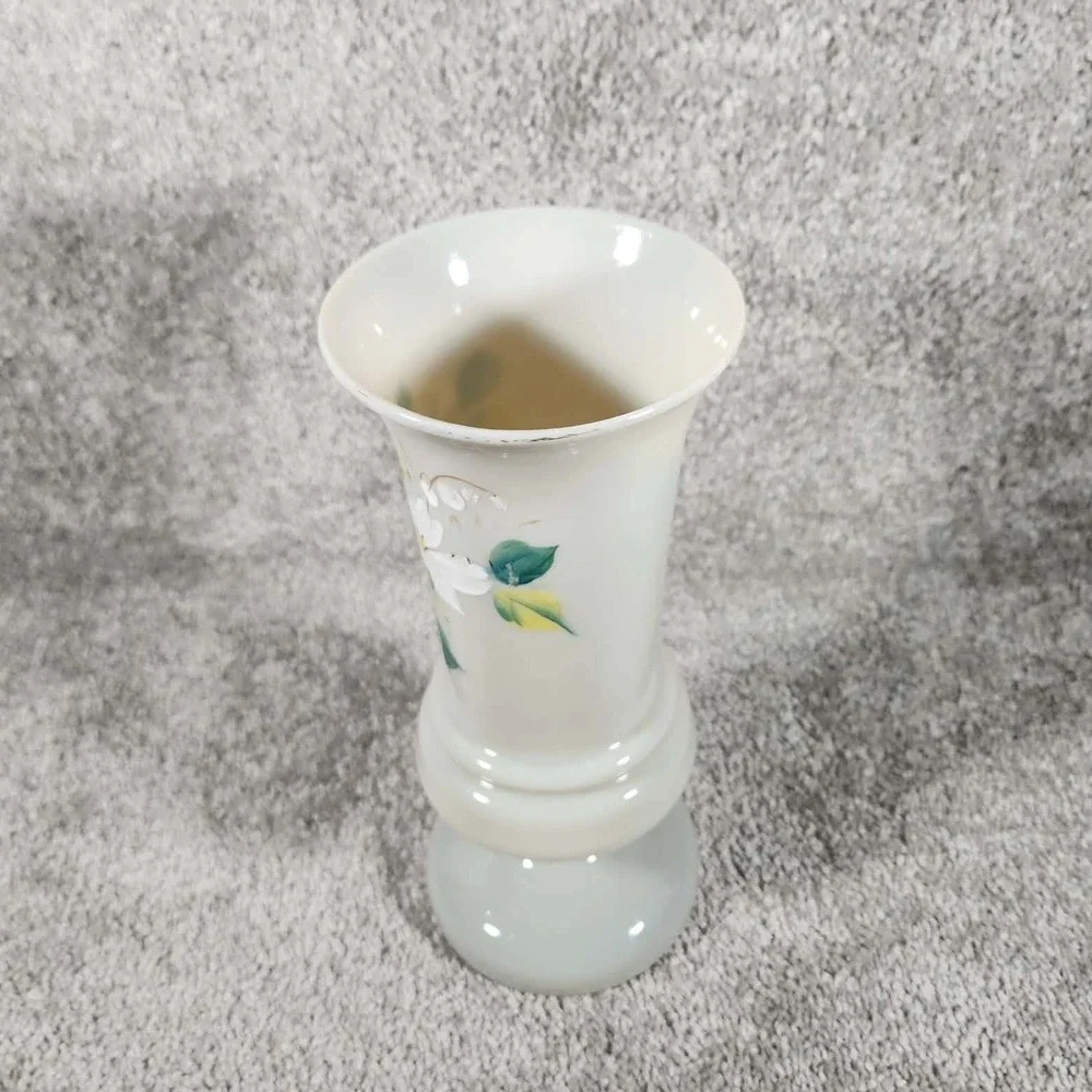 Vase White Floral Hand Painted Glass - Mid Century‎ Modern